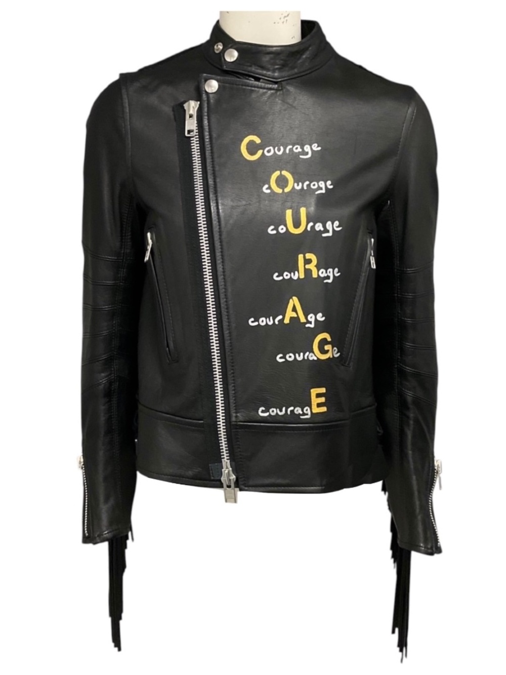 SACAI BLACK LUCK HAND PAINTED LEATHER JACKET WITH FRINGE